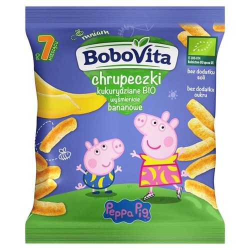 Opakowanie BoboVita chrupeczki bananowe BIO, z grafiką Świnki Peppy, dla niemowląt od 7 miesiąca.