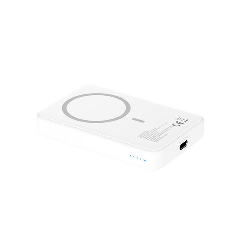 Kompaktowy, biały power bank z funkcją ładowania indukcyjnego. Posiada port USB-C i wskaźnik LED.