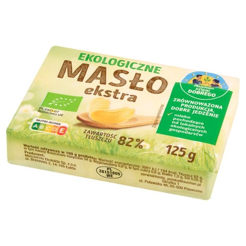 Opakowanie masła Ekologiczne Masło Ekstra, 82% tłuszczu, 125 g. Z grafiką zawiniętych płatków masła na drewnianej łyżce.