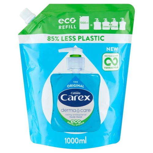 Saszetka Carex derma & care, antybakteryjne mydło do rąk, 1000 ml. System uzupełniania eco, nadaje się do recyklingu z Terracycle.