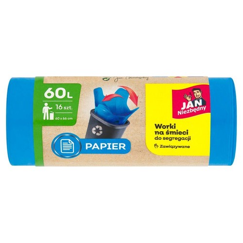 Niebieskie worki na śmieci JAN Niezbędny, 60 litrów, 16 sztuk, 60x66 cm, do segregacji papieru.