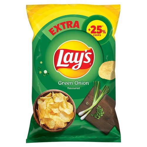 Chipsy Lay's Green Onion w zielono-żółtym opakowaniu. Zawiera 25% więcej chipsów.