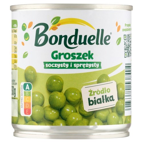 Bonduelle Groszek, puszka 200g/130g. Etykieta z zielonymi groszkami, napisem "soczysty i sprężysty" i informacją "Źródło białka".