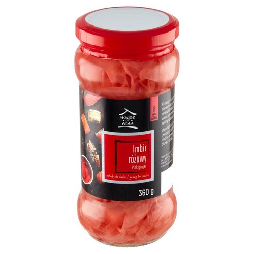 Szklany słoik różowego imbiru marynowanego House of Asia, 360 g. Imbir jest krojony, słodki i idealny do sushi, sałatek oraz innych dań azjatyckich. Ma czerwoną zakrętkę i etykietę z nazwą produktu.