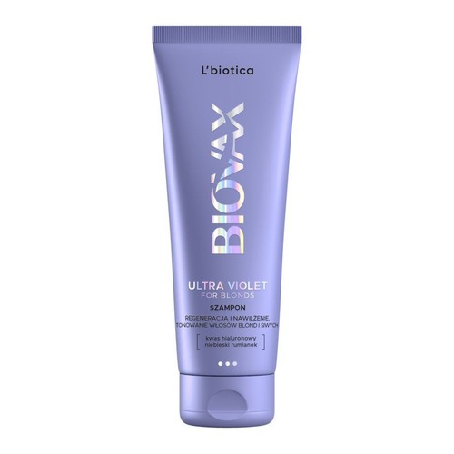 Fioletowy szampon L'biotica Biovax Ultra Violet. Do włosów blond i siwych. Z kwasem hialuronowym.