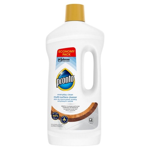 Płyn Pronto do codziennego czyszczenia różnych powierzchni. Butelka z 50% plastiku z recyklingu. Delikatnie czyści bez smug.