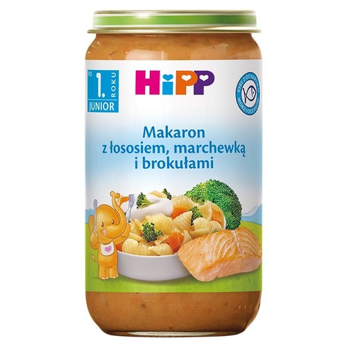 Słoik HiPP: Makaron z łososiem, marchewką i brokułami. Produkt dla dzieci po pierwszym roku życia, z rybami ze zrównoważonych łowisk.