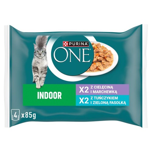 Multipack karmy Purina One Indoor dla kotów, 4x85g. Zielone opakowanie z wizerunkiem kota i informacją o smakach.