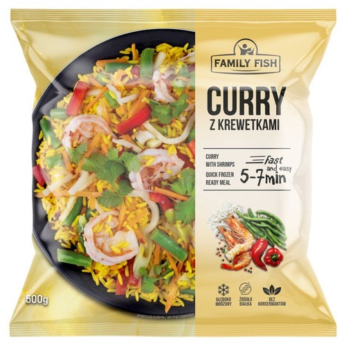 Opakowanie Family Fish Curry z krewetkami, 500g. Widoczne danie z ryżem, krewetkami i warzywami. Produkt głęboko mrożony.