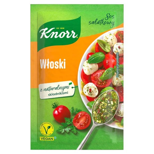 Opakowanie Knorr Sos sałatkowy Włoski z naturalnymi składnikami. Zielono-pomarańczowa saszetka z grafiką sałatki.