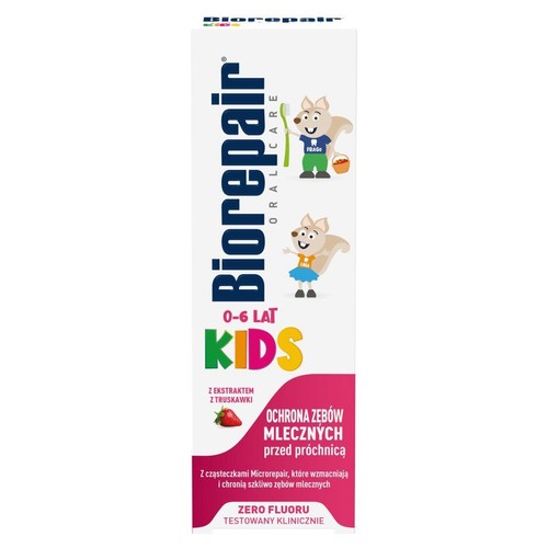 Biorepair Kids 0-6 lat, pasta do zębów z truskawką. Wzmacnia szkliwo, bez fluoru, testowana klinicznie.