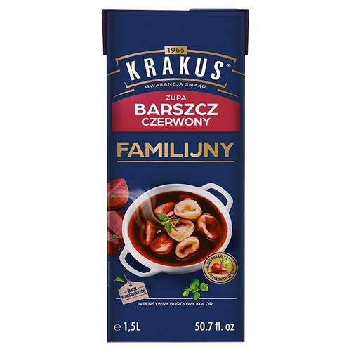 Karton Krakus Barszcz Czerwony Familijny, 1.5 litra. Ciemnoniebieskie opakowanie z czerwoną etykietą. Na froncie grafika parującej miski barszczu z uszkami. Produkt bez konserwantów, z buraków z polskich upraw.