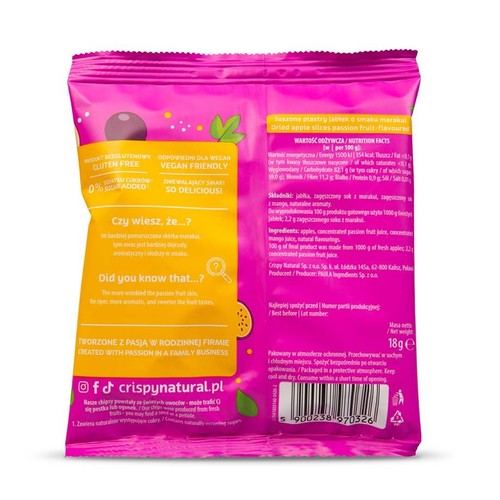 Crispy Natural, 18g. Suszone jabłka z marakują. Bezglutenowe, wegańskie, 0% cukru dodanego. Rodzinna firma.