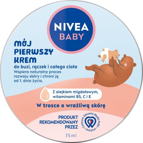 Okrągłe opakowanie kremu Nivea Baby Mój Pierwszy Krem 75 ml. Na wieczku ilustracja misia z małym niedźwiadkiem.