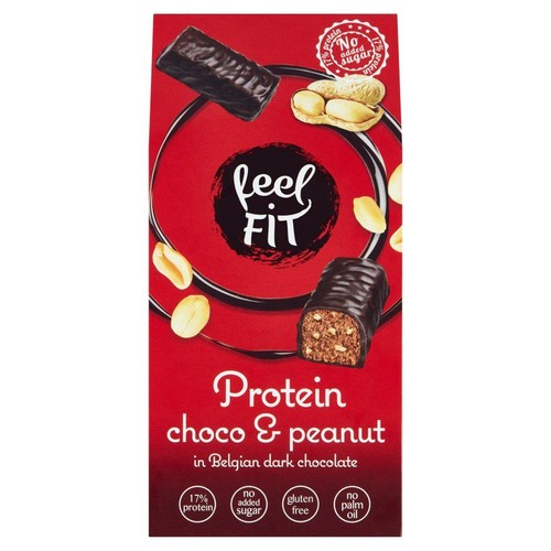 Czerwone opakowanie batona proteinowego Feel Fit, czekoladowo-orzechowego w belgijskiej ciemnej czekoladzie. Bez dodatku cukru.
