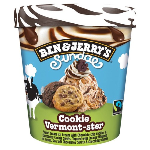 Kubek lodów Ben & Jerry's Cookie Vermont-ster. Grafika przedstawia lody z kawałkami ciastek i czekolady. Pokrywka w paski zebry.