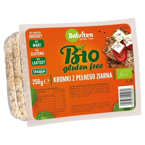 Opakowanie Balviten Bio Kromki z pełnego ziarna. Bezglutenowe, wegańskie, bez mąki i laktozy. 250g.