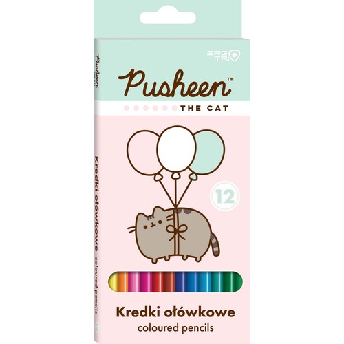 Pusheen kredki ołówkowe, 12 sztuk. Opakowanie z kotem Pusheenem trzymającym balony i wzornikiem kolorów.