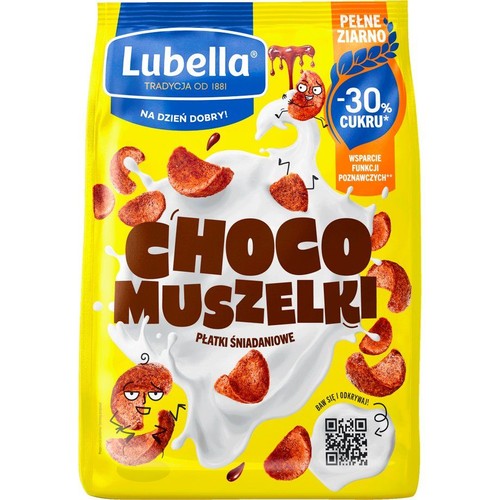 Lubella Choco Muszelki, płatki śniadaniowe w żółtym opakowaniu. Na grafice czekoladowe muszelki w mleku, z hasłami "Pełne Ziarno" i "-30% Cukru". Produkt wspiera funkcje poznawcze. Marka Lubella, tradycja od 1881.