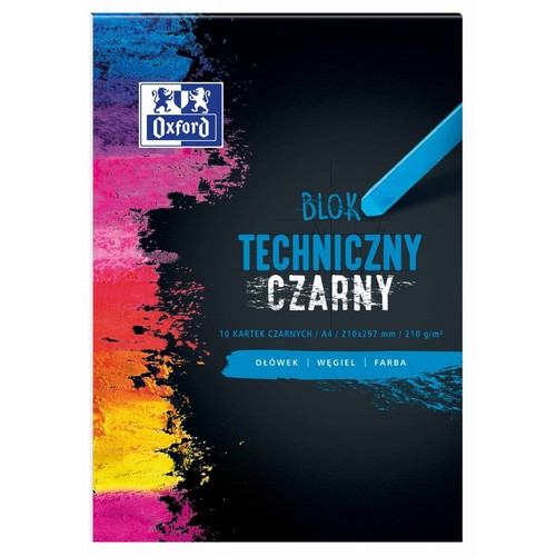 Opakowanie czarnego bloku technicznego Oxford w formacie A4. Zawiera 10 kartek o gramaturze 210 g/m². Na okładce kolorowe smugi farby i niebieska kreda. Przeznaczony do ołówka, węgla i farby.