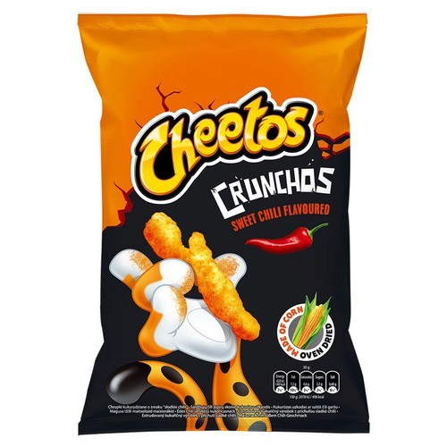 Paczka chrupek kukurydzianych Cheetos Crunchos, 30g. Smak słodkiego chili. Grafika z chrupkami i papryczką.