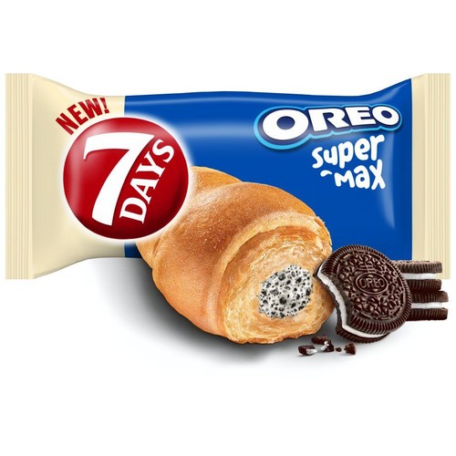 Opakowanie rogala 7DAYS OREO super max. Widoczny rogal z nadzieniem Oreo i całe ciastka. Napis NOWOŚĆ!