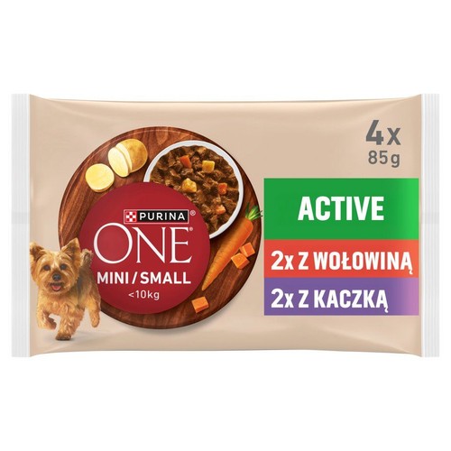 Opakowanie karmy Purina ONE Mini/Small Active dla psów. Zawiera 4 saszetki po 85g: 2 z wołowiną, 2 z kaczką.