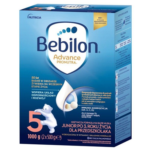 Opakowanie Bebilon Advance Pronutra Junior, mleko modyfikowane dla dzieci powyżej 3 lat. Waga 1000 g. Bez oleju palmowego.