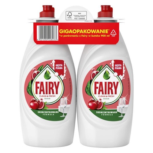 Dwupak płynu do naczyń Fairy Clean & Fresh Granat. Dwie białe butelki z czerwonymi etykietami i grafiką granatów.