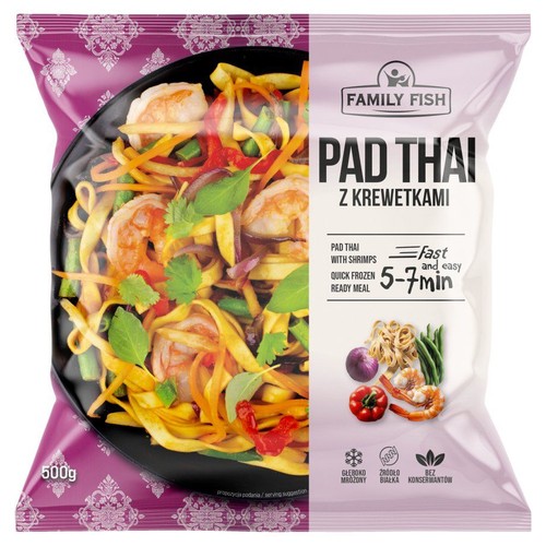 Family Fish Pad Thai z krewetkami, 500g. Szybkie danie mrożone z makaronem, krewetkami, cebulą i świeżymi ziołami. Bez konserwantów.