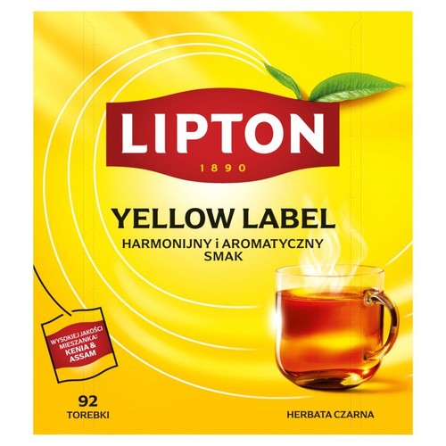 Lipton Yellow Label, czarna herbata w 92 torebkach. Wysokiej jakości mieszanka Kenia i Assam. Opakowanie z grafiką filiżanki.