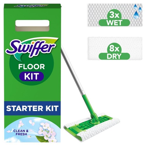 Zestaw startowy Swiffer Floor Kit z zielonym mopem, opakowaniem i wkładami do czyszczenia na mokro i sucho.