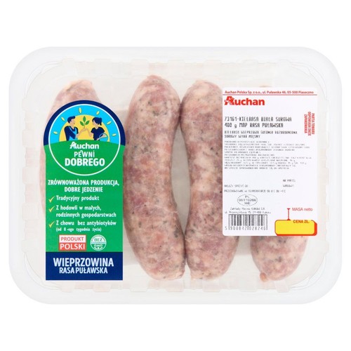 Kiełbasa biała surowa Auchan, 400g, w przezroczystym opakowaniu. Produkt z wieprzowiny rasy puławskiej, z hodowli w małych, rodzinnych gospodarstwach. Certyfikat "Auchan Pewni Dobrego".