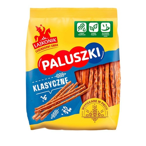 Paluszki Klasyczne Lajkonik w żółtym opakowaniu. Produkt wegański, bez wzmacniaczy smaku.