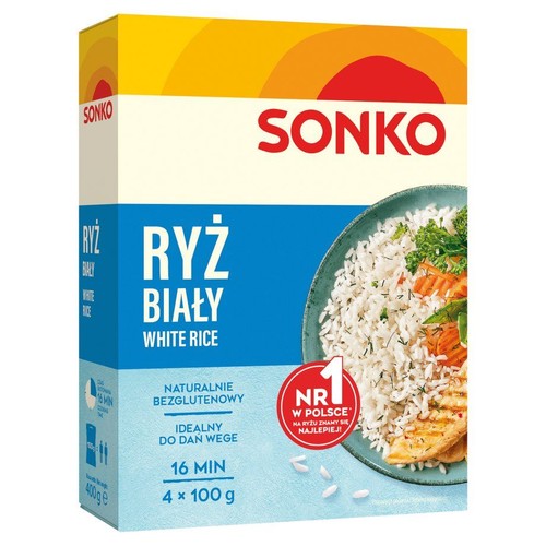 Opakowanie ryżu Sonko, białego, 4x100g. Naturalnie bezglutenowy. Na pudełku talerz z ryżem, warzywami i grillowanym kurczakiem.