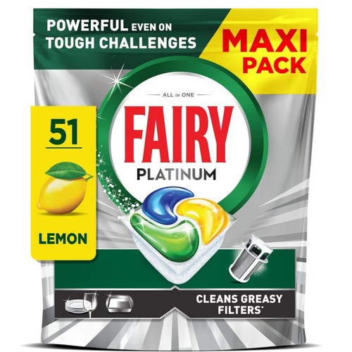 Opakowanie 51 tabletek do zmywarki Fairy Platinum All in One o zapachu cytrynowym. Czyści zatłuszczone filtry.