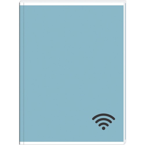 Niebieski prostokątny przedmiot z czarnym symbolem Wi-Fi w prawym dolnym rogu.