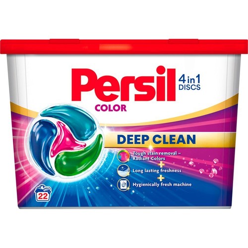Opakowanie Persil Color 4w1 Discs Deep Clean, 22 kapsułki do prania. Skutecznie usuwa plamy i odświeża.