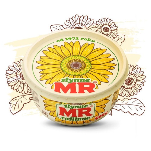 Tubka margaryny roślinnej Słynne MR 500 g. Na pokrywce grafika słonecznika i logo marki. Produkt dostępny od 1972 roku.