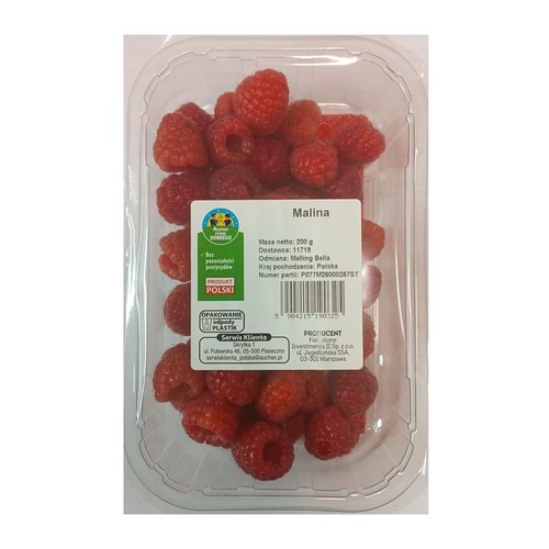 Przezroczyste opakowanie z 200 g świeżych malin. Produkt Polski, odmiana Malling Bella. Na etykiecie widnieje informacja o braku pozostałości pestycydów oraz o tym, że opakowanie to plastik do recyklingu.