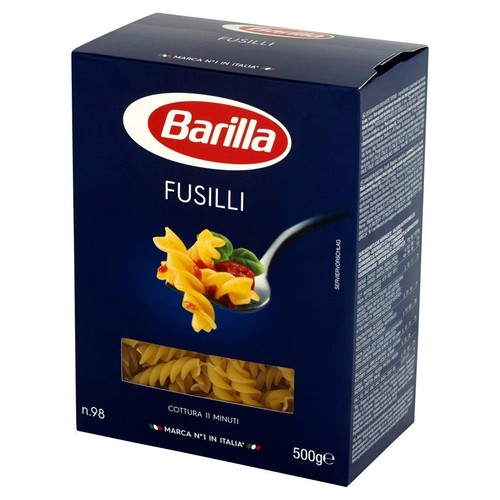 Opakowanie makaronu Barilla Fusilli, 500g. Na pudełku grafika ugotowanego makaronu i okienko z surowym. Czas gotowania 11 minut.