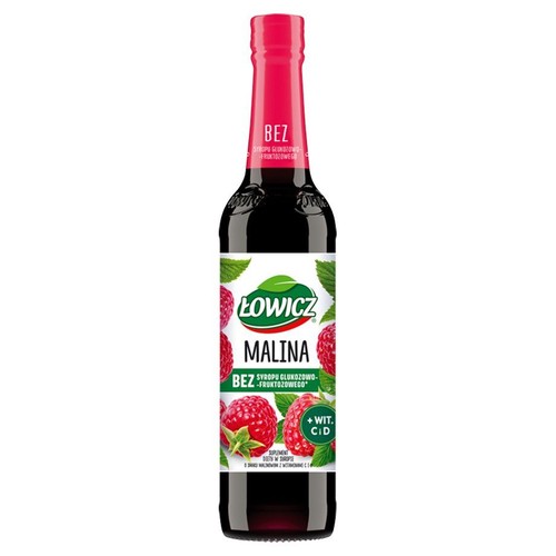 Łowicz syrop malinowy bez syropu glukozowo-fruktozowego, z witaminami C i D. Na etykiecie maliny i mięta.