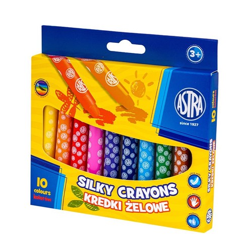 Astra Kredki żelowe Silky Crayons, 10 kolorów. Opakowanie z widocznymi kredkami i grafiką słońca. Zmywalne, bardzo miękkie.