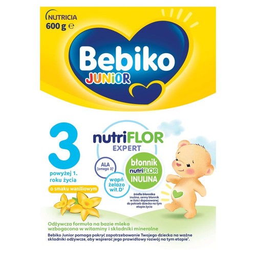 Opakowanie Bebiko Junior 3, mleko modyfikowane o smaku waniliowym, 600 g. Zawiera ALA, wapń, żelazo, witaminę D i błonnik.