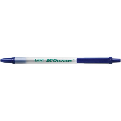 Długopis BIC ECOlutions z przezroczystym korpusem i niebieskimi elementami. Zielony napis "BIC ECOlutions" na korpusie.