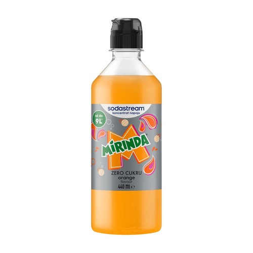 Butelka koncentratu Sodastream Mirinda Zero Cukru smak pomarańczowy, 440 ml. Etykieta szara z zielonym napisem Mirinda.