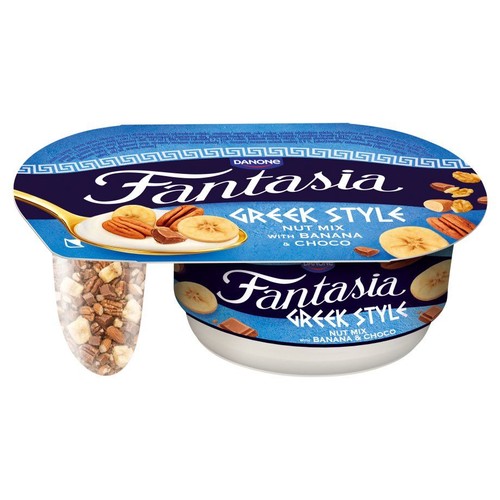 Jogurt Danone Fantasia w stylu greckim z dodatkami: orzechy, banan i czekolada. Produkt w dwuczęściowym pojemniku.