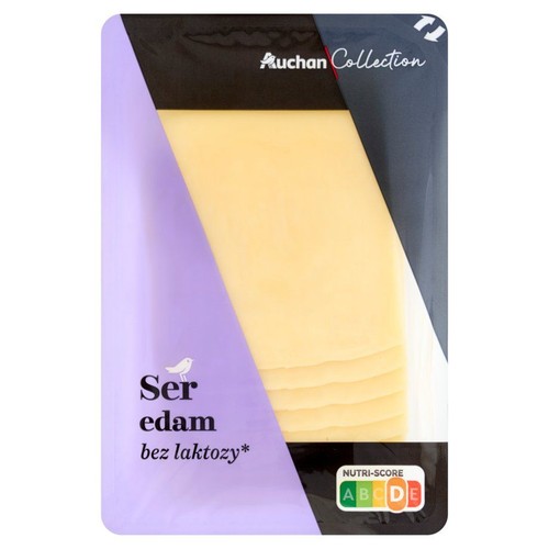 Ser edam bez laktozy w plastrach, marki Auchan Collection. Opakowanie z fioletową etykietą i widocznymi żółtymi plastrami sera.