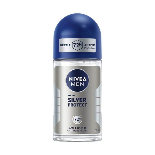 Antyperspirant NIVEA MEN Silver Protect w szklanej butelce z niebieską zakrętką, 50 ml. Zapewnia 72 godziny aktywnej ochrony.