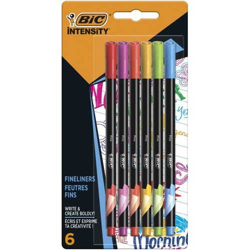 Zestaw 6 cienkopisów BIC Intensity w blistrze. Pisaki mają czarne korpusy i kolorowe skuwki: czerwona, fioletowa, pomarańczowa, żółta, zielona, niebieska. Na opakowaniu napis "Pisz i twórz odważnie!".